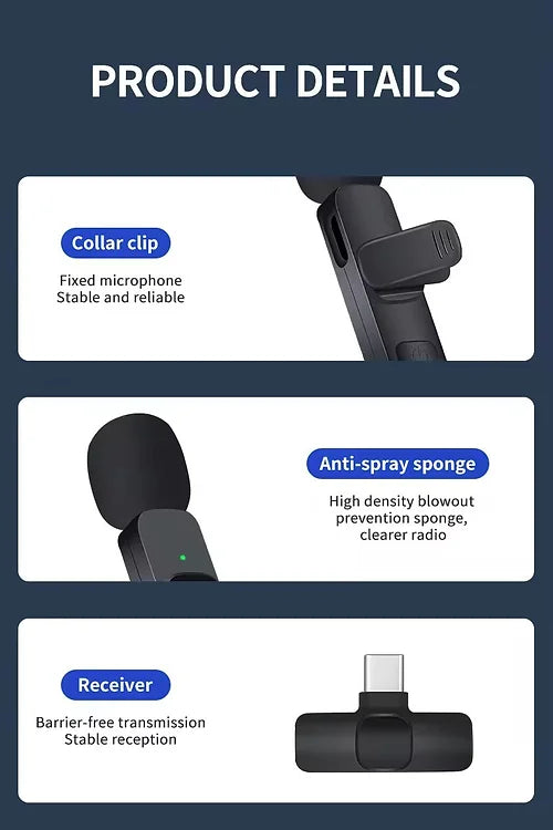 Microphone Lavalier stéréo sans fil portable 2,4 G pour interview en direct, mini suppression du bruit en extérieur