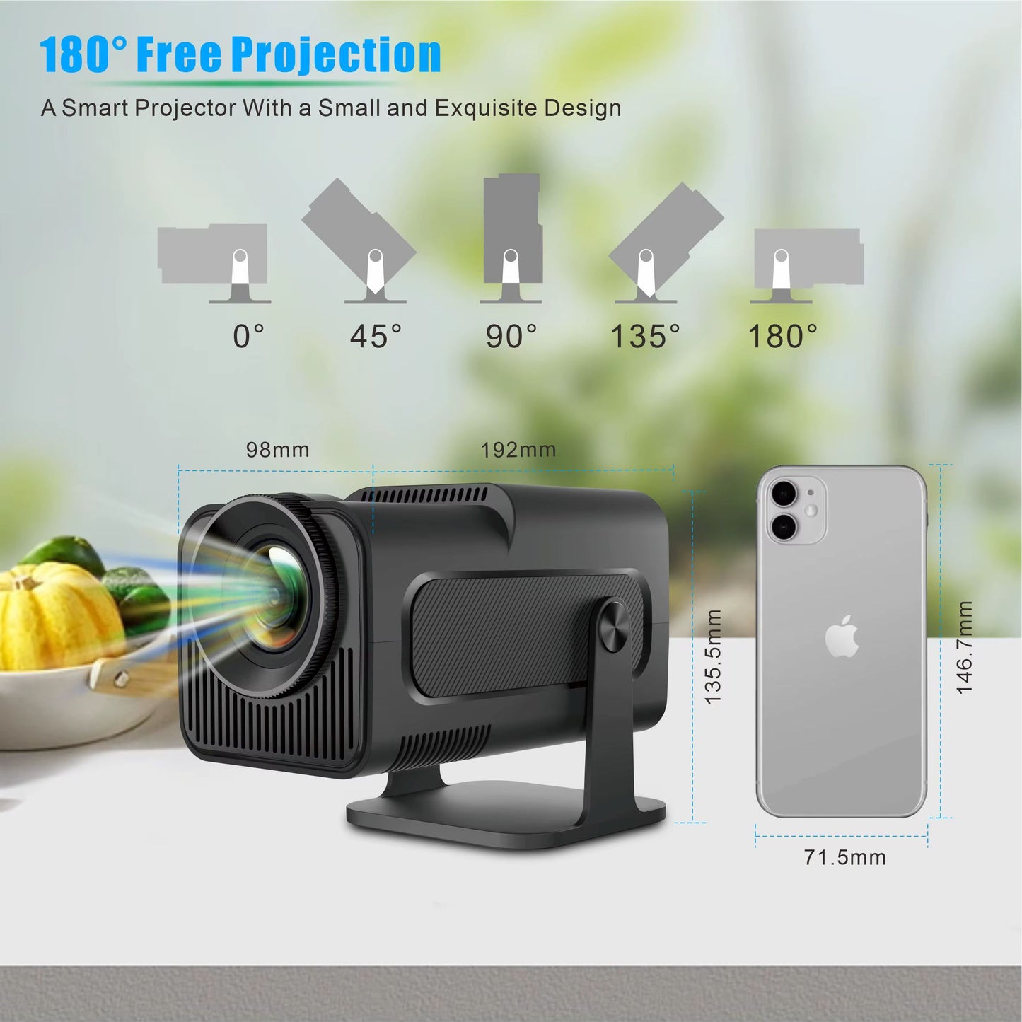 HY320 Mini Portable Projector, Mini Projector 4K, 300 ANSI Smart Projector