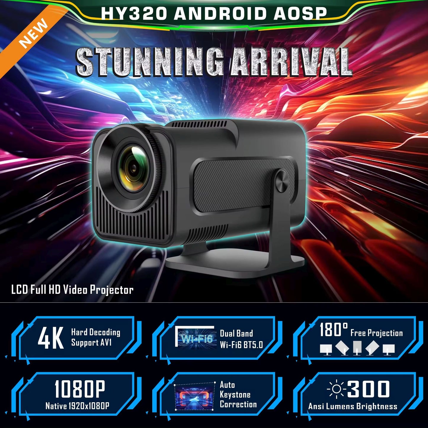 HY320 Mini Portable Projector, Mini Projector 4K, 300 ANSI Smart Projector